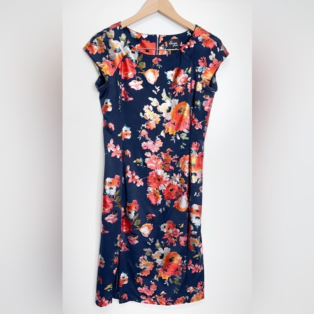Beige by ECI Dress Womens Black Orange Metallic Floral Sheath Size 6‎